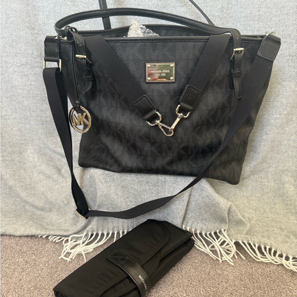 Michael Kors Black Embossed Baby Diaper Handbag With Baby Changing Pad & Pockets